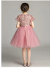 Short Sleeves Mauve Sequined Lace Tulle Flower Girl Dress